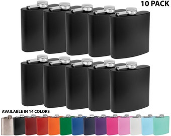 Wholesale - 10 Pack - Blank 6oz Powder Coated Stainless Steel Black Hip Flask - Bulk Laser Engravable - White Gift Box - Wedding Party