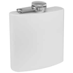 May include: A white metal flask with a silver hinged cap and a silver screw-on top.