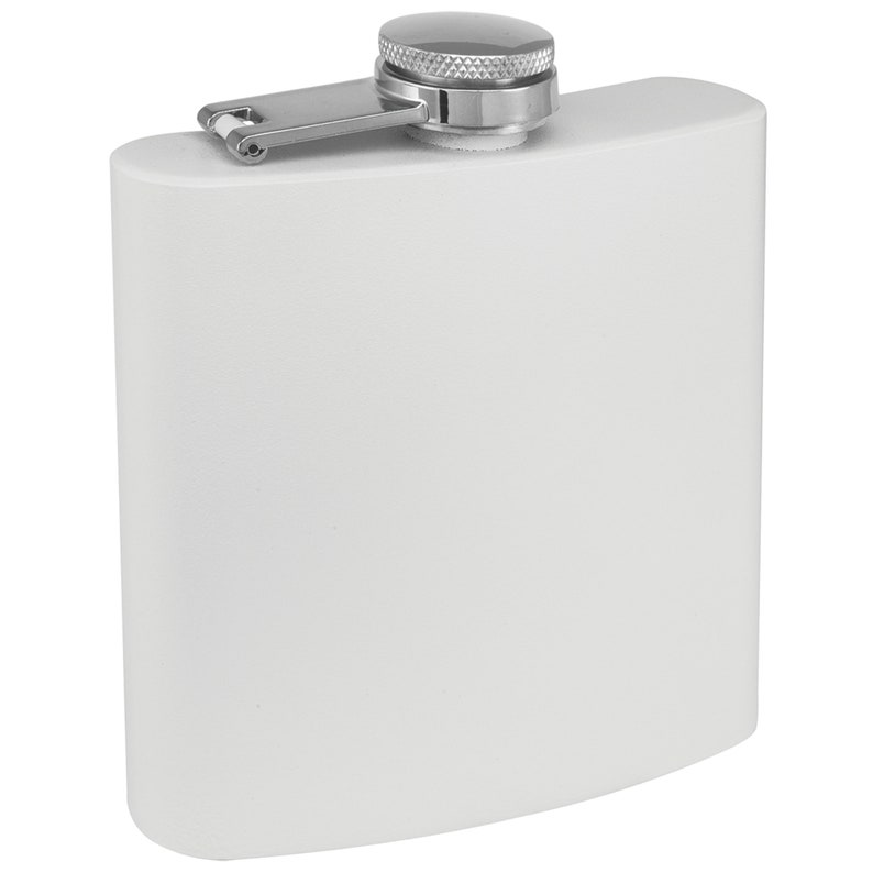 May include: A white metal flask with a silver hinged cap and a silver screw-on top.