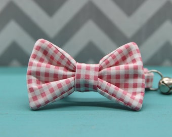 Cat Bow Tie Collar - Pink and White Gingham - Breakaway w/ Bell