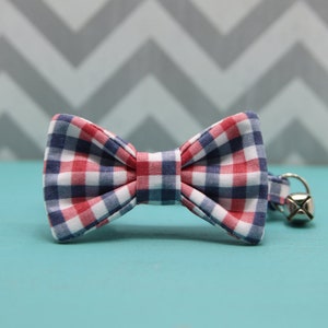 Cat Bow Tie Collar - Navy and Red Gingham - Breakaway w/ Bell