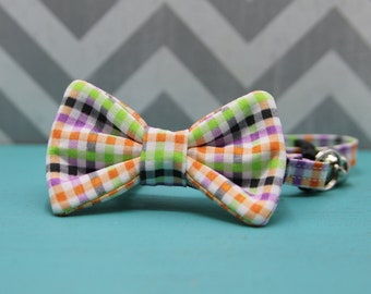 Cat Bow Tie Collar - Halloween Plaid - Breakaway w/ Bell
