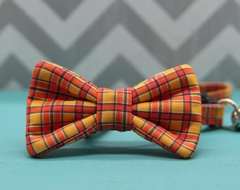 Cat Bow Tie Collar - Orange Fall Plaid- Breakaway w/ Bell