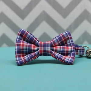 Cat Bow Tie Collar - Classic Blue and Red Plaid - Breakaway w/ Bell