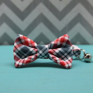 Cat Bow Tie Collar - Red & Blue Diagonal Plaid - Breakaway w/ Bell