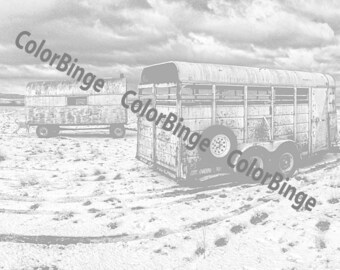 Trailer de caballo de Color el oeste Rural, carcachas, Junkers y Jalopies - libro para colorear para adultos en escala de grises