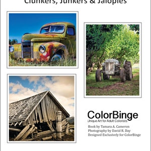 Color the Rural West, Clunkers, Junkers & Jalopies - a greyscale coloring book for adults