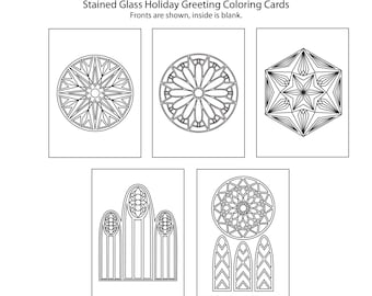 Vidrieras: un conjunto digital de 5 tarjetas para colorear de felicitación navideña: una manualidad navideña coloreable para todas las edades