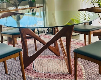 Mid-century Modern Glass Top Dining Table, Walnut Lattice Base - Etsy