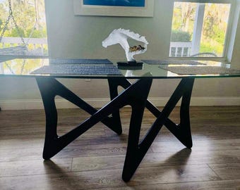 Marquise Dine - Handcrafted Mid Century Modern Design Dining Table Wood ( Walnut, Maple Cherry wood, oval and rectangular glass top)