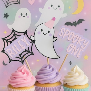 Spooky One Ghost Cupcake Toppers – Girl First Birthday Halloween Party Decor, Pastel Ghost Theme