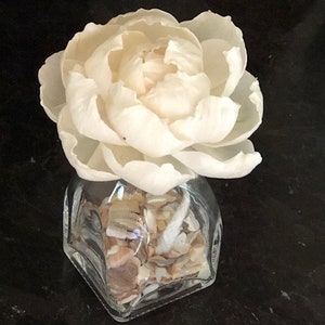 May include: A white porcelain flower sits atop a clear glass jar filled with small white and brown seashells. The jar has a hexagonal base.