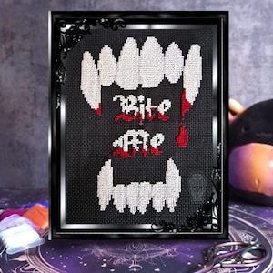 Bite Me Cross Stitch Pattern, Counted, PDF Download, Small, Easy, DIY, Wall Art, Hang, Fangs