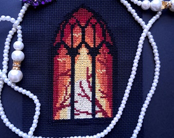 Gothic Sunset Counted Cross-Stitch Pattern, PDF Download, Cathedral Window, Stained Glass Mini Pattern