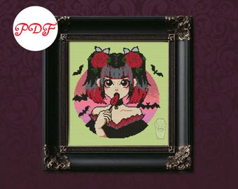 Blood Moon Gothic Girl Cross Stitch Pattern, Anime Style (PDF Download)