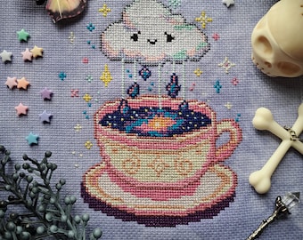 Galaxy Tea Cross Stitch Pattern: Celestial DIY Project (PDF Download)