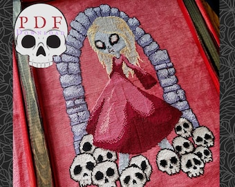In the Catacombs Counted Cross-Stitch Pattern, PDF Download, Skull Pattern, Gothic Girl