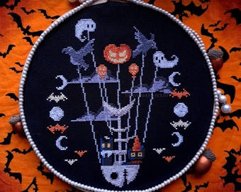 Halloween Cats Cross Stitch Pattern: Modern Flying Cat Design (PDF Download
