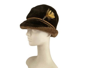 Vintage 60's • Faux Fur Cossack Cap • German Style Hat • Brown Ear Flaps Braided Cord Band Feather Accent • Winter/Fall  • Men's Est Size S
