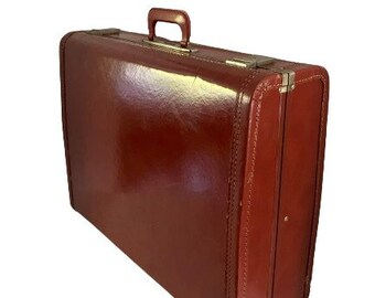 Vintage 1950's Faux Leather Suitcase • Mid Century Decor • Cognac Brown Luggage • Large 24" Size • Decorative Stacking • Weddings • Display