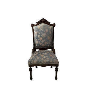 Antique Victorian Civil War Era Side Chair • Eastlake Style • Upholstered Floral Motif • Carved Mahogany Wood • Parlor Chair • Hip Rests