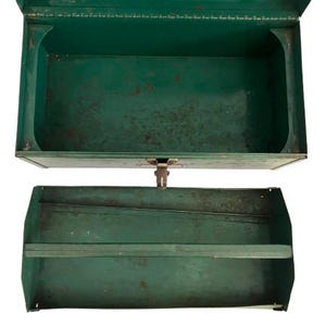 May include: A vintage green metal toolbox with two compartments. The top compartment is open and the bottom compartment has a shelf.