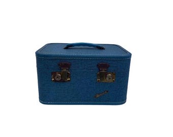 Vintage 1950's Monarch Blue Train Case • Retro Luggage • Makeup Cosmetic • Sewing Craft Storage • Display • Stacking
