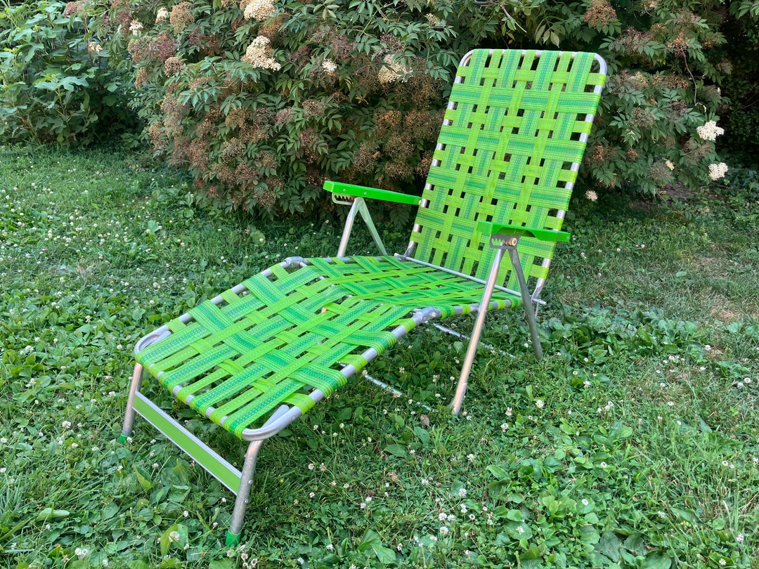Vintage 60 s Lime Green Webbed Aluminum Folding Chaise Lounge Reclining Lawn Chair W Hard Vinyl Comfort Arms Beach Camping EUC Etsy