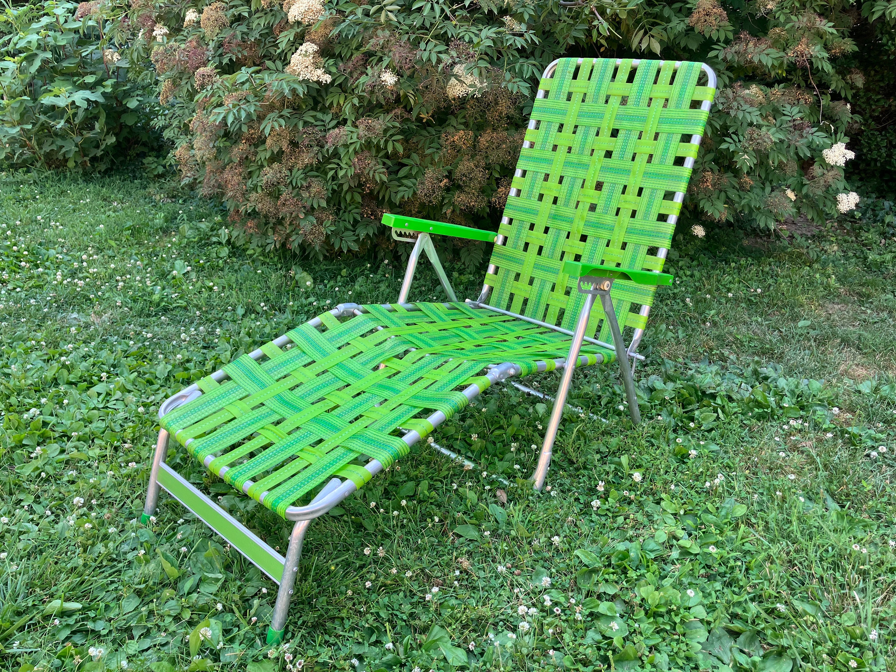 Vintage 60's Lime Green Webbed Aluminum Folding Chaise Vintage 60's Lime Green Webbed Aluminum Folding Chaise