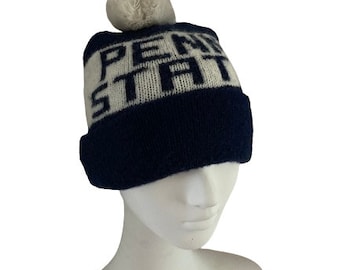 Vintage 1980's PENN STATE Nittany Lions Winter Ski Knit Hat • Tassel • Pom • Football Toque • Cap • Beanie • One Size Fits Most