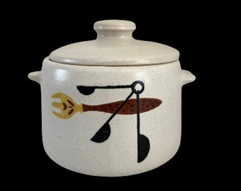 Vintage WestBend Stoneware Pottery Stockpot Server • Made in USA •  Fork & Spoon Design • Mid Century Stoneware • MCM