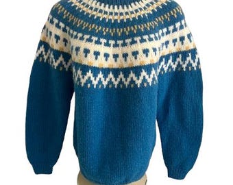Vintage 1980's Hand Knit Pullover Sweater • Icelandic Style • Nordic Yoke Fair Isle Design • Multi colored  • Estimated Size Medium • Wool?