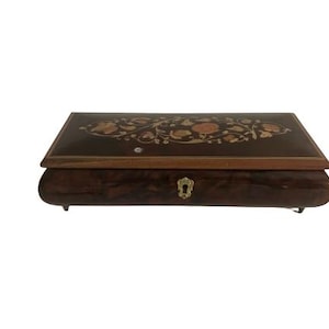 Vintage Italy Reuge Swiss Musical Jewelry Box • Lacquered Inlay Floral Design • w/ Key Plays &quot;Arthurs Theme&quot;