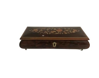 Vintage Italy Reuge Swiss Musical Jewelry Box • Lacquered Inlay Floral Design • w/ Key Plays "Arthurs Theme"