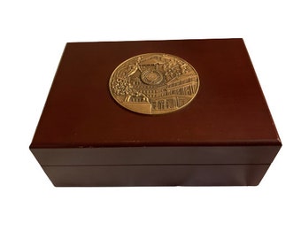 Vintage Wooden Jewelry Box • Blue Velveteen Lined • Engraved Brass Medallion • from Nemacolin Woodlands Resort & Spa