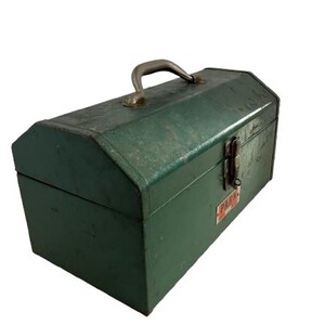May include: A vintage green metal toolbox with a silver handle and a latch. The toolbox has a red and white label that says "Parks".