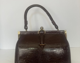 Vintage 1960's Brown Croc /Alligator Embossed MCM Mid Century Modern Structured Handbag • Purse  • Evening Bag • by Dova • Top Handled