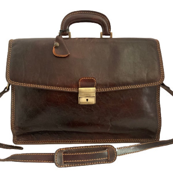 Vintage Made in Italy Leather Messenger Bag • Locking Briefcase • Attache Case • Portfolio • Laptop Bag • Satchel • Shoulder Strap • + KEY