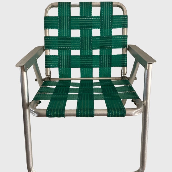 Vintage 1960s Folding Aluminum Lawn Chair • Child's YOUTH Size • Original Webbing • Beach • Camping • Green w. Sparkly Silver Stitch Detail