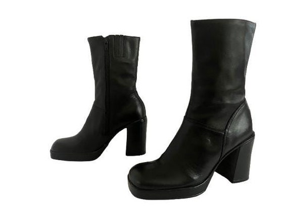 Vintage 90s Steve Madden Black Leather Square Toe Chunky Platform Mid Calf Boots Brazil Women s Size 6B s Fantasy Defects Etsy UK