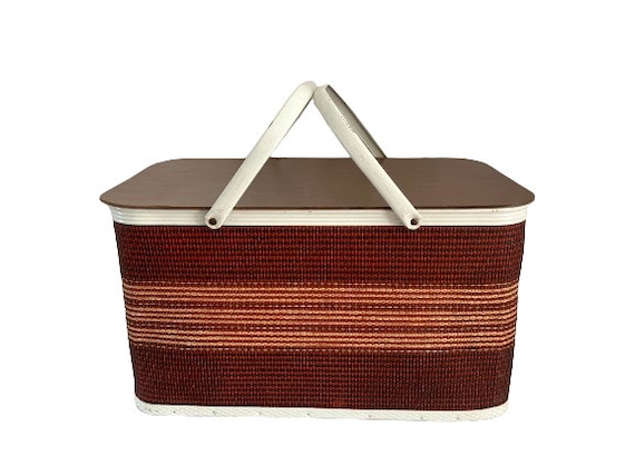 Vintage 1970's REDMON Red Striped Picnic Basket • Swing Handles