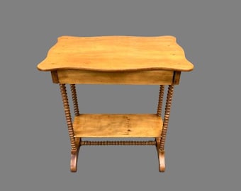 Antique 1700's Wood Side Table • Country Cottage • Hand Made • Barley Twist Spool Legs • Hidden Pull Out Drawer • Farmhouse Decor