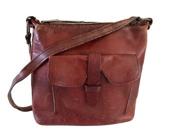 Vintage 1970's All Leather Cognac Brown Distressed Shoulder Bag • Zip Top • Aged Patina • DOVE Zipper • Unique • Hippy Boho