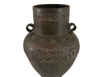 Greek Tourist Souvenir Clay Vase Jug Terra Cotta Pottery • Double Handled Vessel • Jar • Figural Relief • Folk Art • Made in Greece • 10" H