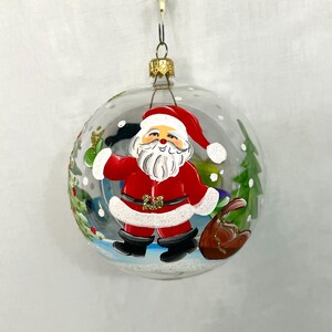 S110 Handpainted Glass Christmas Ornament Santa & Snowman Winter Scene