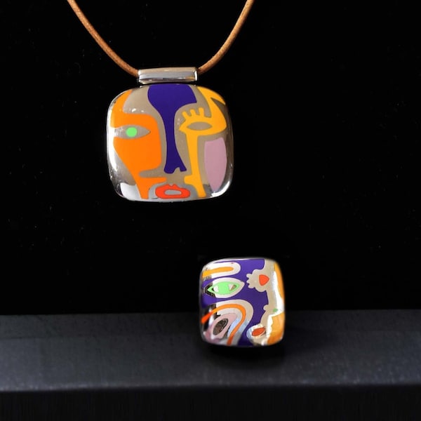 MCM Italian Designer A Menegatti - Ring and Necklace Set - Sterling and Enamel - Picasso Design