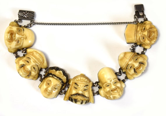 Meiji Antique Japanese Bracelet - Bone & Sterling Sil… - Gem Meiji Antique Japanese Bracelet - Bone & Sterling Sil… - Gem