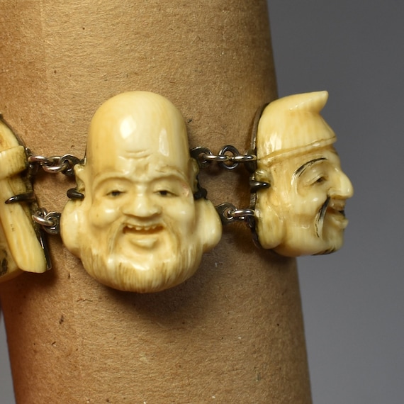 Meiji Antique Japanese Bracelet - Bone & Sterling Sil… - Gem Meiji Antique Japanese Bracelet - Bone & Sterling Sil… - Gem