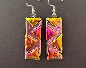 Dichroic Glass Kiln Fused Earrings Pink Gold Jewelry Handmade Modern Geometric Sparkling Bling Art