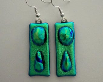 Green Blue Dichroic Glass Earrings: Kiln Fused Modern Art Handcrafted Sparkly Jewelry